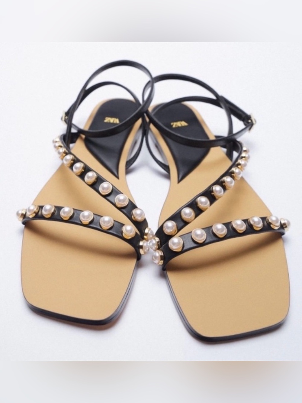 Zara Pearl Studded Flat Strappy Sandals Sz 36 US 6 Black White Gold Chic Summer